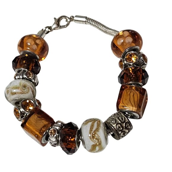 Boho Handcrafted Beaded Chunky Bracelet Mixed Amber White Glass Beads Jewelry - Picture 1 of 5